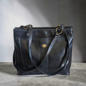Ponte Classic Black Leather Minimalist Tote with Gold-Toned Detail
